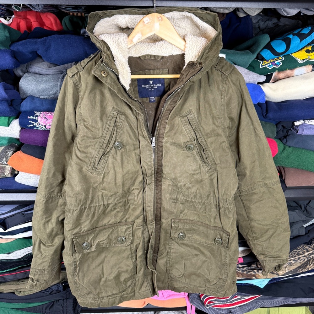 American Eagle‎ Mens Olive Green Sherpa Lined Hooded Parka Jacket Size Medium